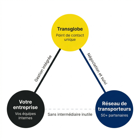 Schéma illustrant la collaboration entre Transglobe, votre entreprise, et un réseau de transporteurs pour une gestion intégré